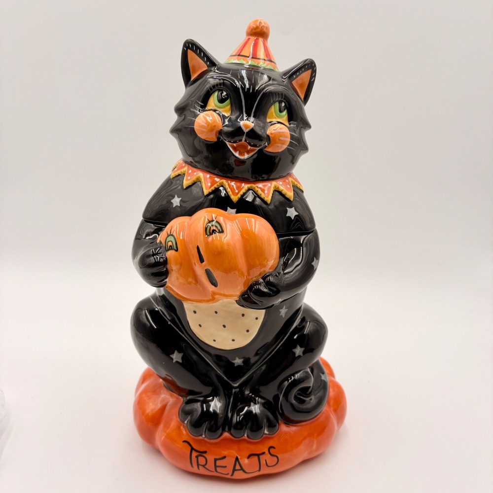 Blue Sky Halloween Black Cat Cookie Jar Pumpkin Treats Ceramic Retro Kitsch